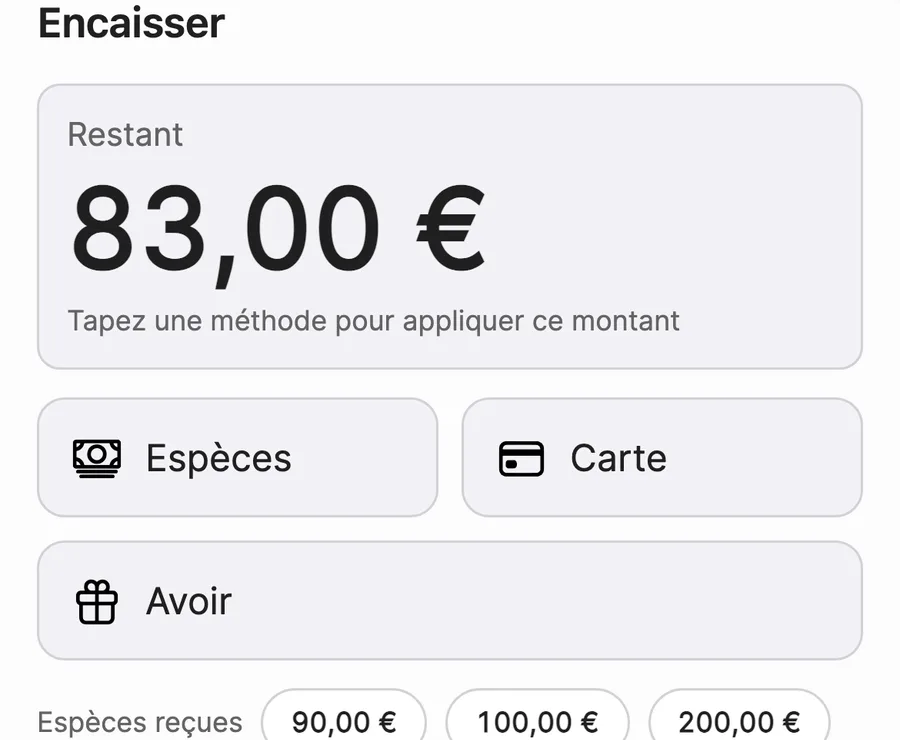 L'écran Encaisser de Vinto : le montant restant, puis Espèces, Carte et Avoir.