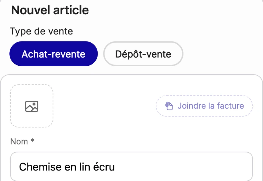 Formulaire d'entrée d'une pièce dans Vinto : type de vente, photo, nom, catégorie et marque.