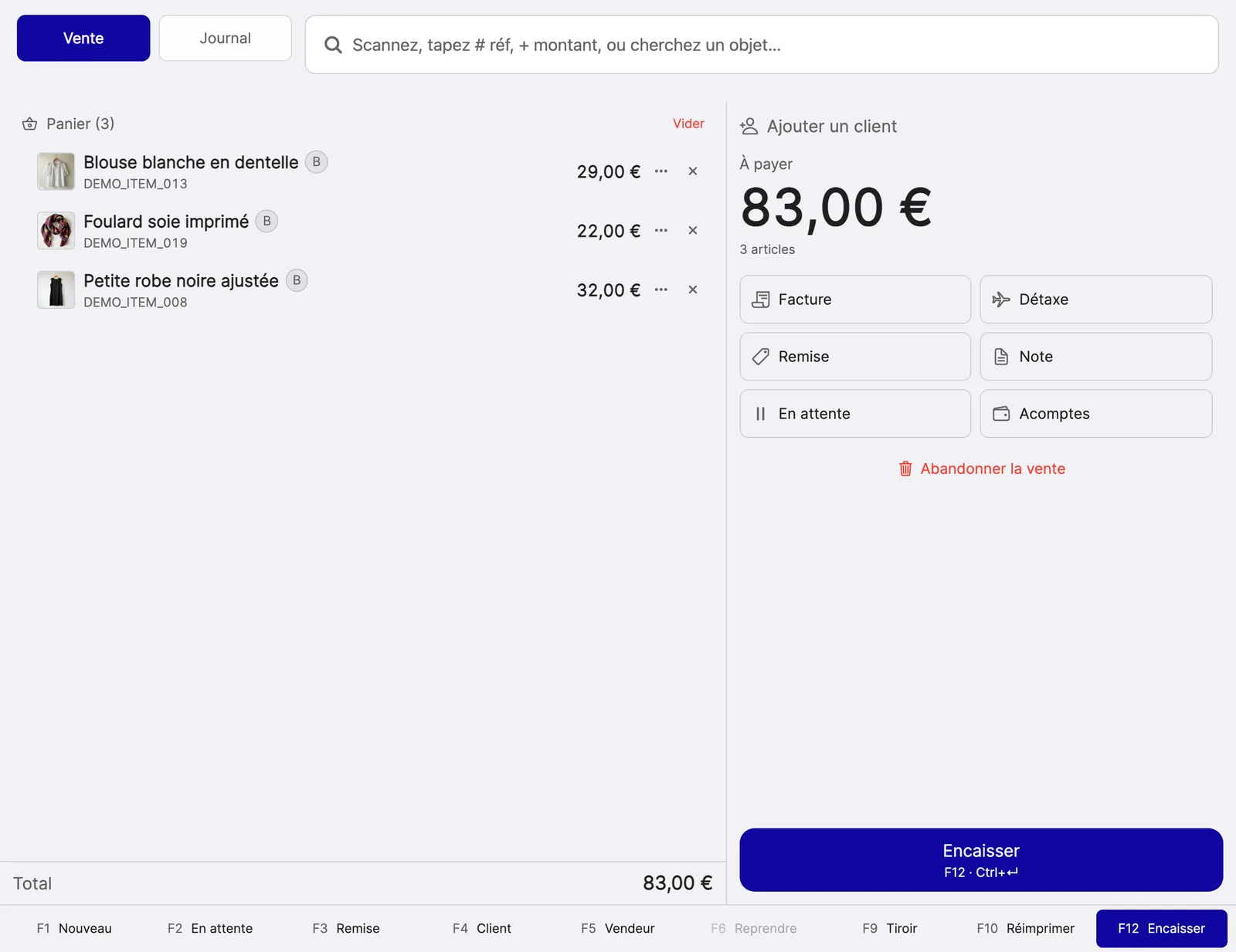 La caisse de Vinto sur ordinateur, avec le panier, la recherche et les moyens de paiement.