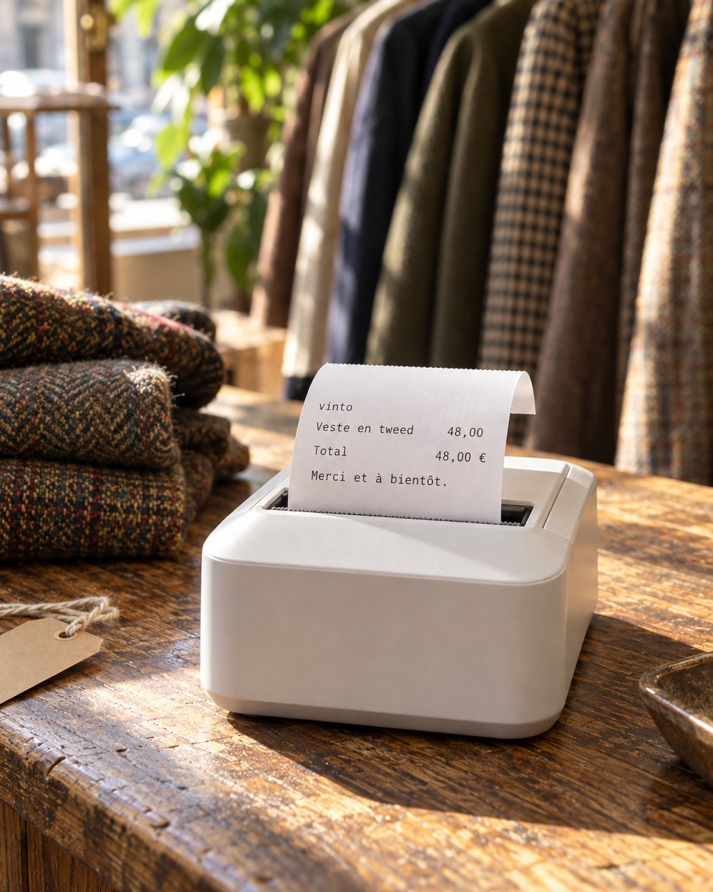 Sur le comptoir, une petite imprimante sort le ticket d’une veste en tweed vendue 48 euros.