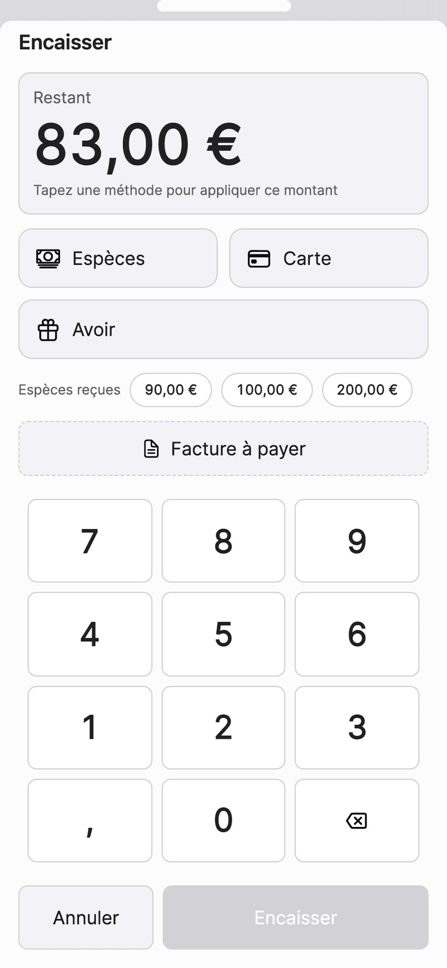 L'écran de paiement de Vinto sur iPhone : les moyens Espèces, Carte et Avoir, des montants rapides de 90, 100 et 200 euros, un pavé numérique et un bouton Facture à payer.