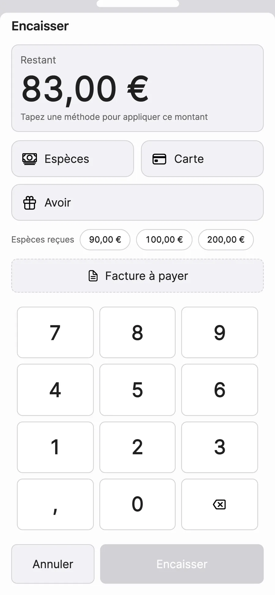 Écran de paiement de la caisse Vinto : espèces, carte ou avoir, avec des montants rapides et un pavé numérique.