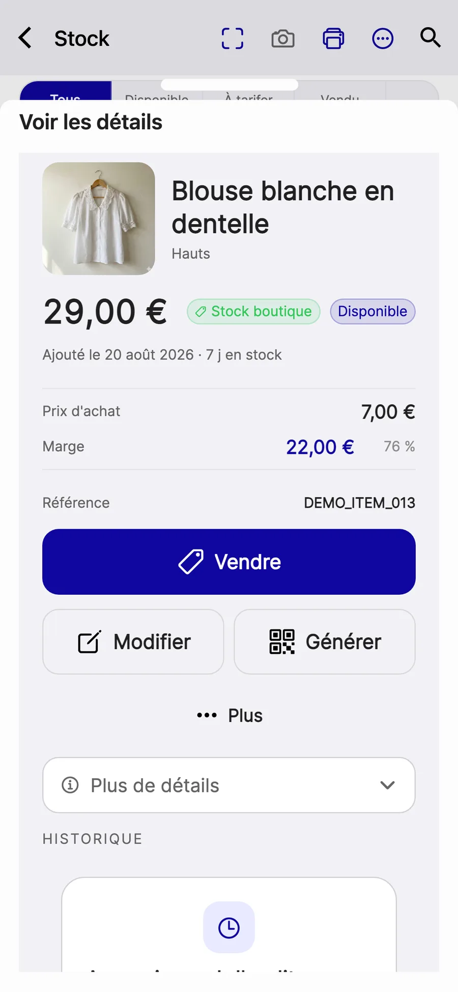 La fiche d'une pièce dans Vinto sur iPhone : son prix de vente, son prix d'achat, sa marge, son âge en stock, son emplacement, et trois actions — Vendre, Modifier, Générer une étiquette.