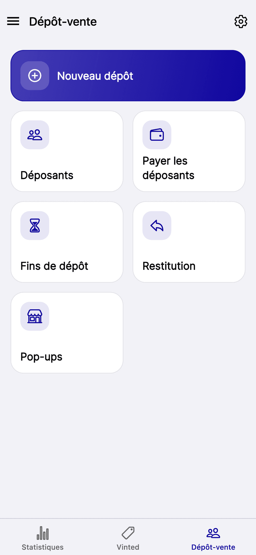L'écran Dépôt-vente de Vinto sur iPhone : Nouveau dépôt, Déposants, Payer les déposants, Fins de dépôt, Restitution et Pop-ups.