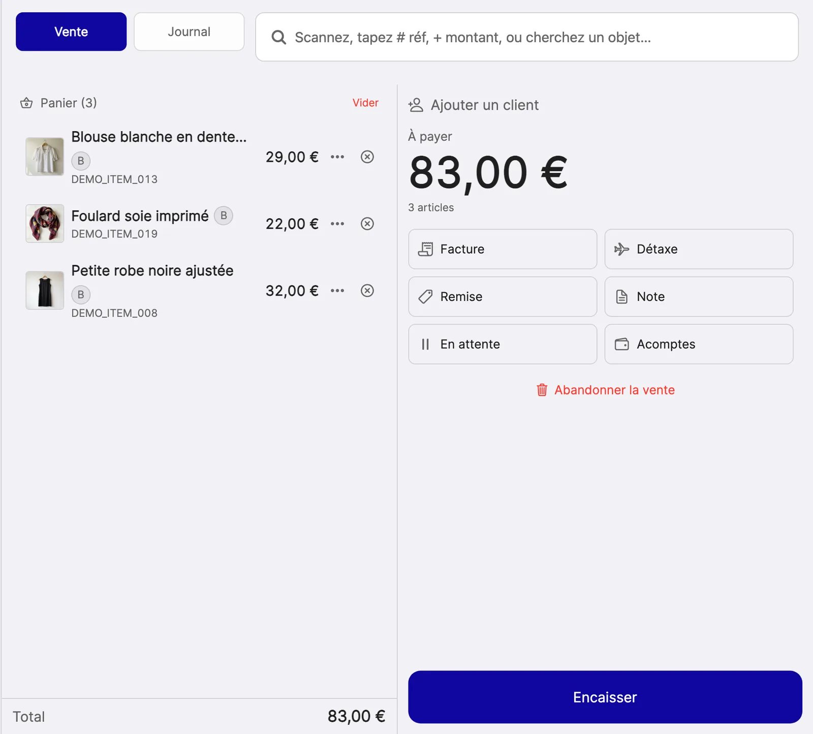 La caisse Vinto sur iPad en paysage, mode ordinateur.