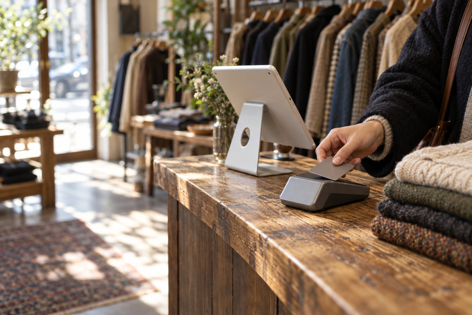 Au comptoir, une carte posée sur un terminal à côté d’un iPad de caisse.