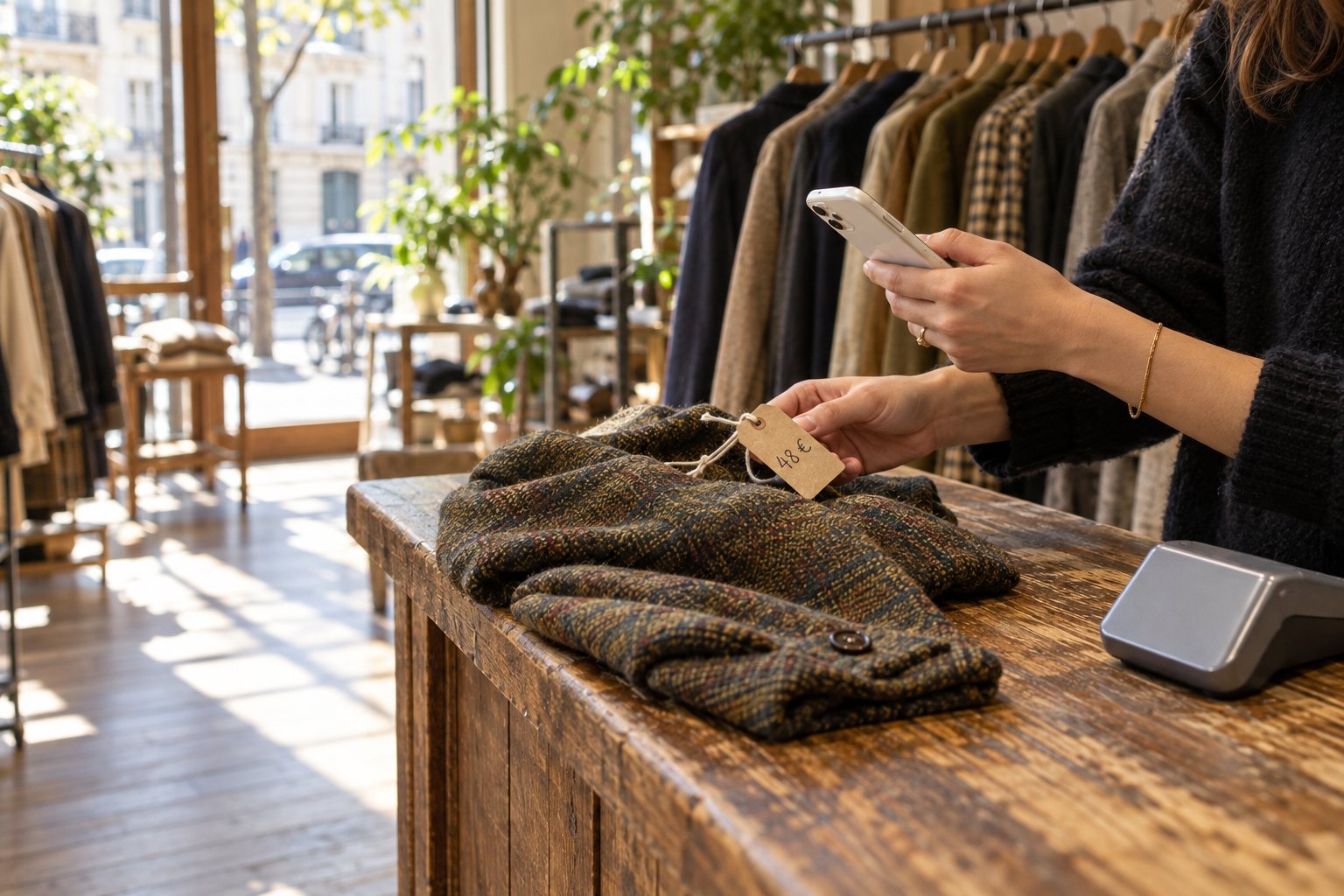 Au comptoir d’une boutique vintage, une main scanne avec un iPhone l’étiquette en carton d’une veste en tweed.