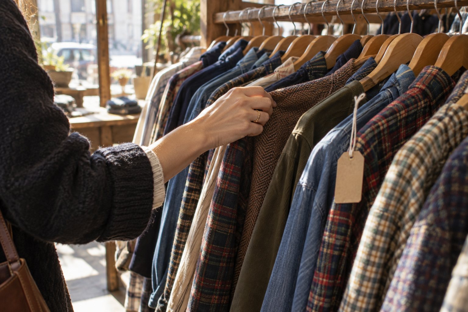 Une main passe en revue un portant dense de chemises et de vestes de seconde main.