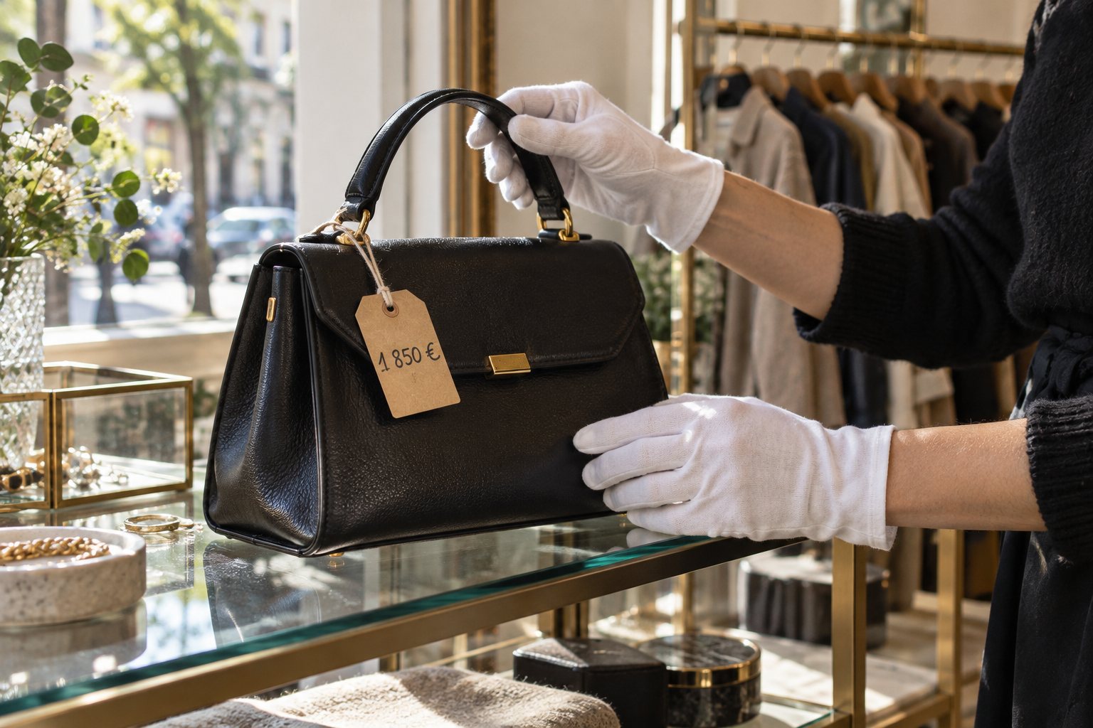 Des mains gantées ajustent un sac en cuir noir sur une étagère de vitrine.