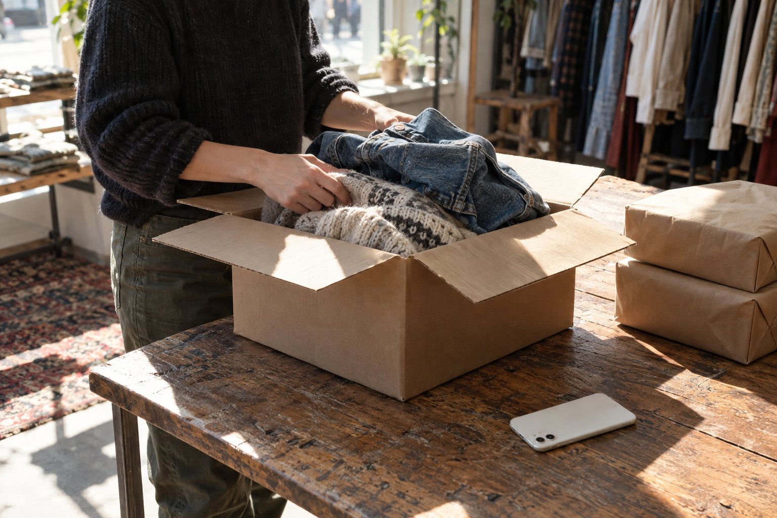 Dans l’arrière-boutique, on ouvre un colis d’où sortent une veste en jean et un pull.
