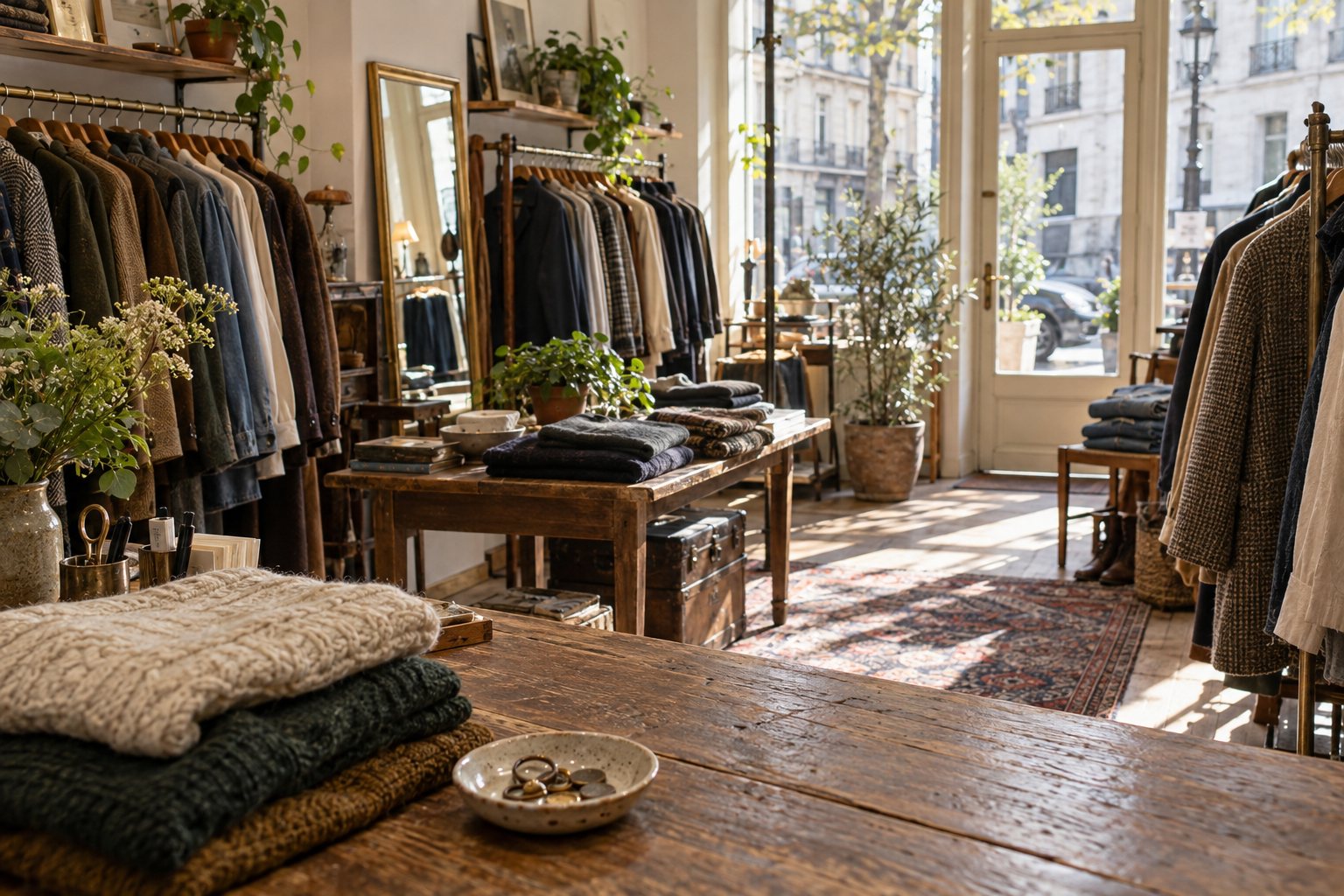 L’intérieur d’une petite boutique vintage parisienne vu depuis le comptoir, au matin.