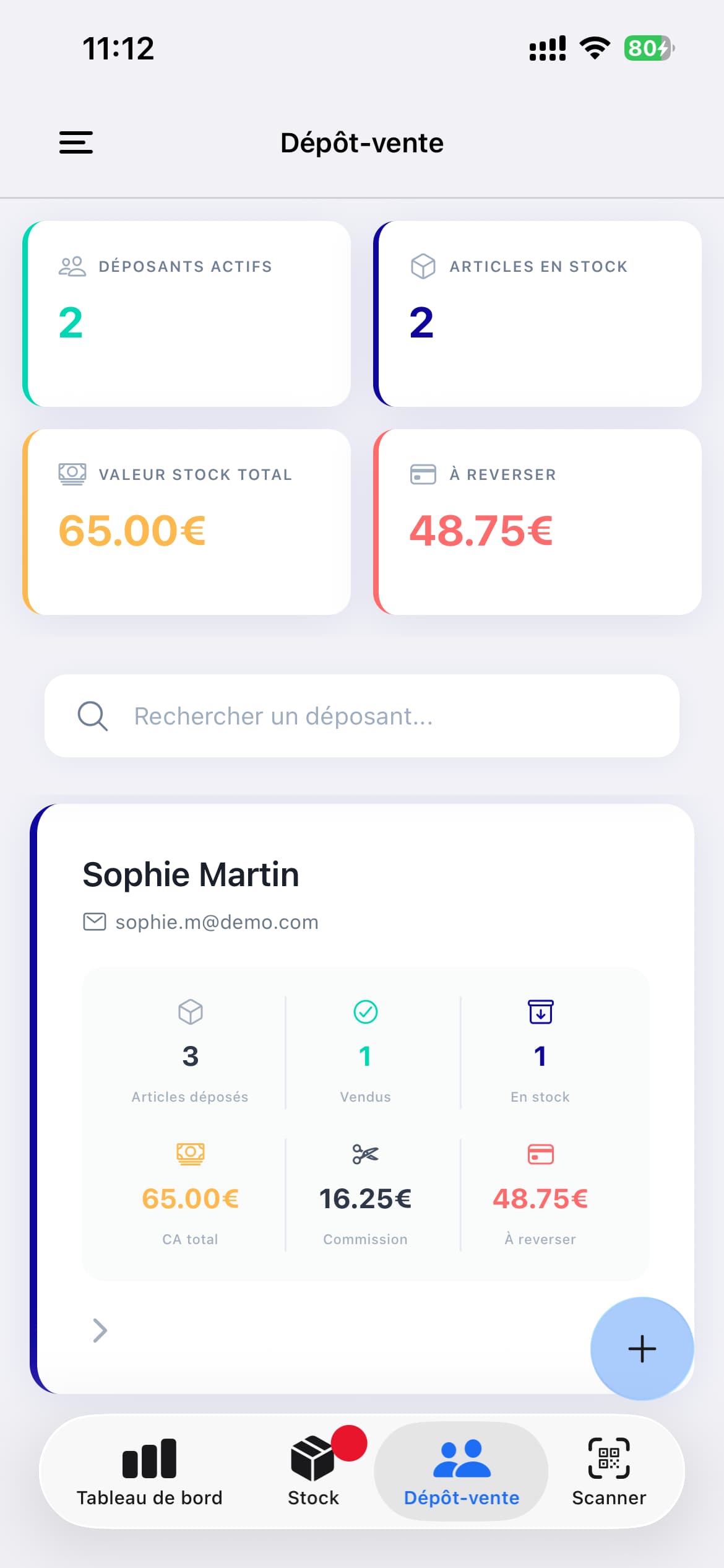 Vue dépôt-vente Vinto avec liste des consignataires et leurs cagnottes